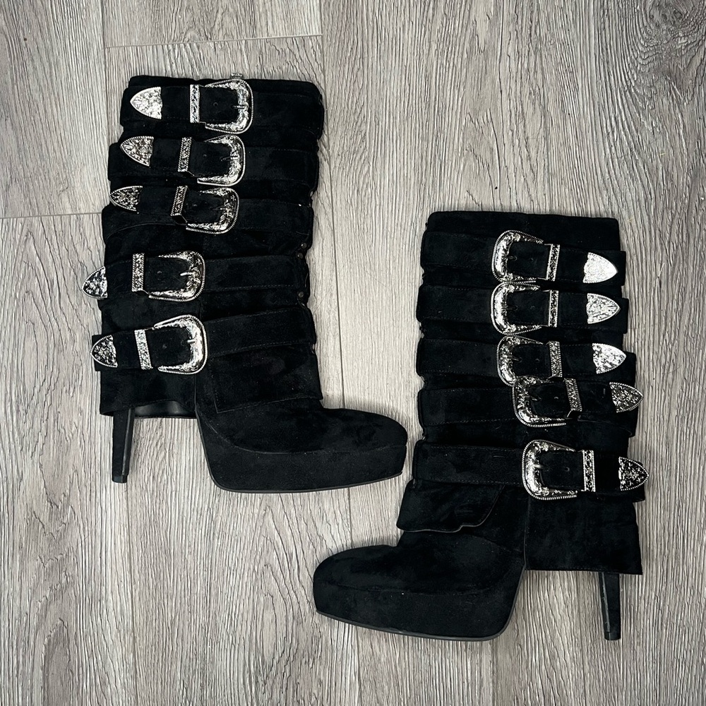 Current Mood Suede Black Western Multi Buckle Heeled Boots
